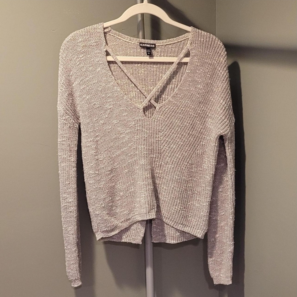 Express Women's Cross Front Deep V-Neck Split Back Sweater, Size XS, Gray